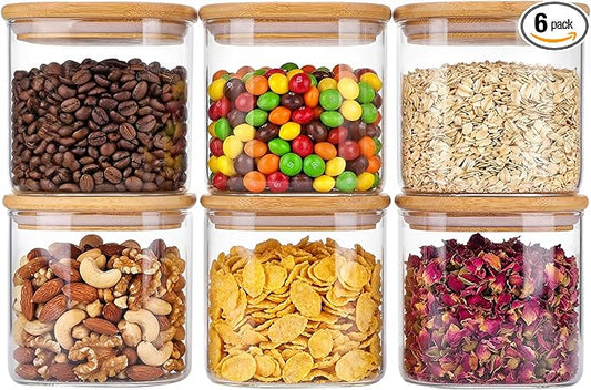 Moretoes 6 Pack 0.6qt Square Glass Storage Containers with Bamboo Press Lids, Airtight Food Storage Jars for Pantry, Spices, Dry Goods