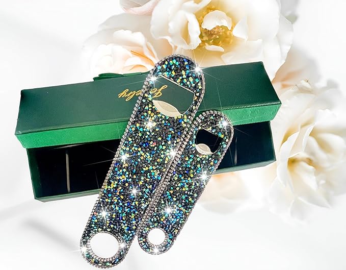 Bling Diamond Beer Opener Set - 2 Pcs Black Crystal Bottle Opener with Glitter Sparkle for Bartenders, Home, Party, Bar & Wedding - Handcrafted for Both Women & Men
