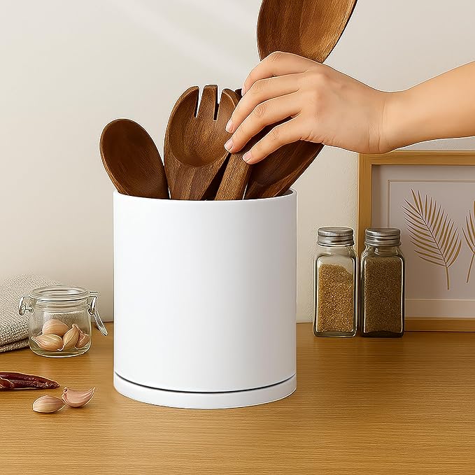 D'vine Dev 360° Rotating Utensil Holder – 7.2" Kitchen Utensil Crock for Countertop, Modern Cooking Tool Organizer for Kitchen Storage & Décor, White, 72-X-A-2