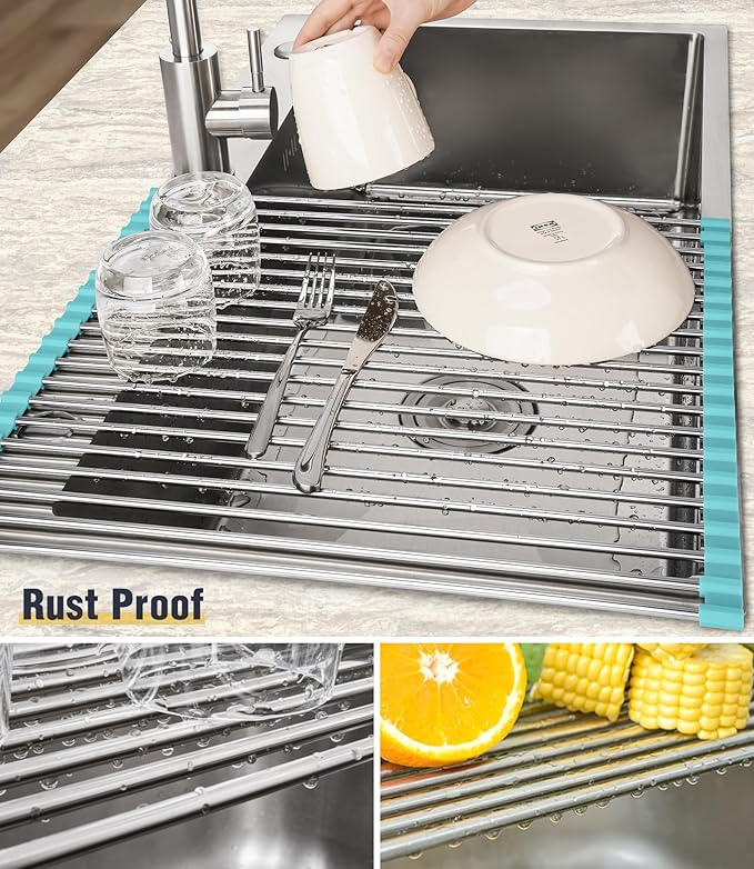 Tomorotec 21" x 15.5" Roll Up Dish Drying Rack Over Sink Drying Rack Sink Cover Kitchen Sink Accessories Gadget Multipurpose Organizer Foldable Stainless Steel Drainer - Image 2