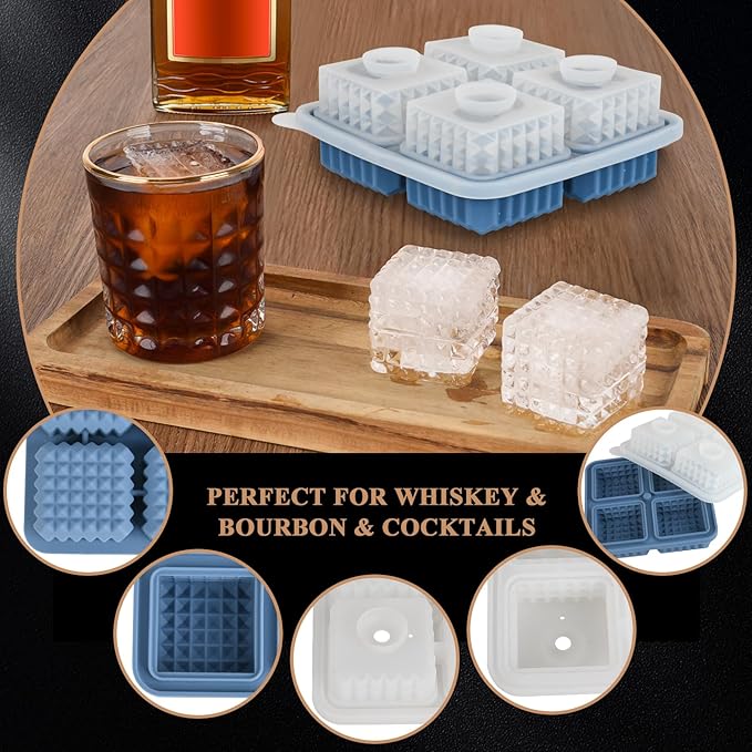 2 Pack Whiskey Ice Cubes Mold,Silicone Ice Cube Trays with Lid,2-Inch,Diamond Textured Large Square Ice Cube Mold,Bourbon Ice Cube Molds,Ice Trays-Ice Molds for Whiskey,Cocktails,Blue