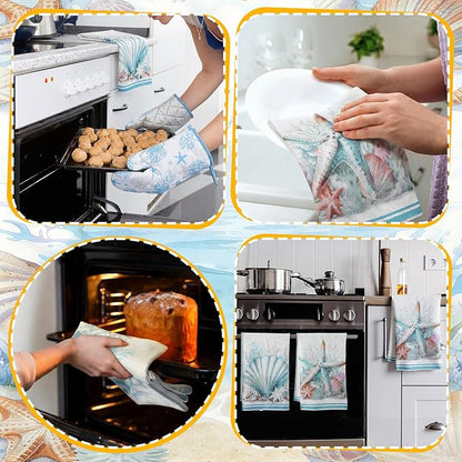 Jingmore 6 Pcs Kitchen Decor Set Accessorie Farmhouse Kitchen Towels Pot Holders and Oven Mitts Set 2 Dish Towels 2 Pot Holders 2 Cooking Mitten Oven Glove for Cooking(Blue,Coastal Starfish Shells) - Image 4