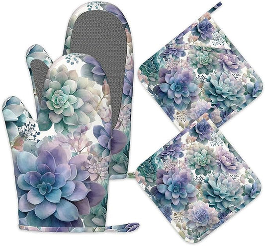 Succulent Botanical Floral Oven Mitts and Pot Holders Sets of 4, Heat Resistant Silicone Oven Mitts Gloves Non-Slip Kitchen Mittens Potholders for Cooking Baking Grilling BBQ