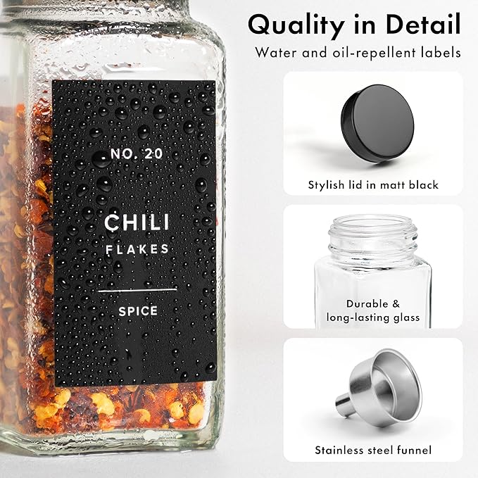 EDELHAUS Glass Spice Jars with Label and Black Lids (36 x 4oz) Spice Containers with 240 Labels, Shaker Inserts, Steel Funnel, Empty Square Empty Square Seasoning Organizer - Image 9