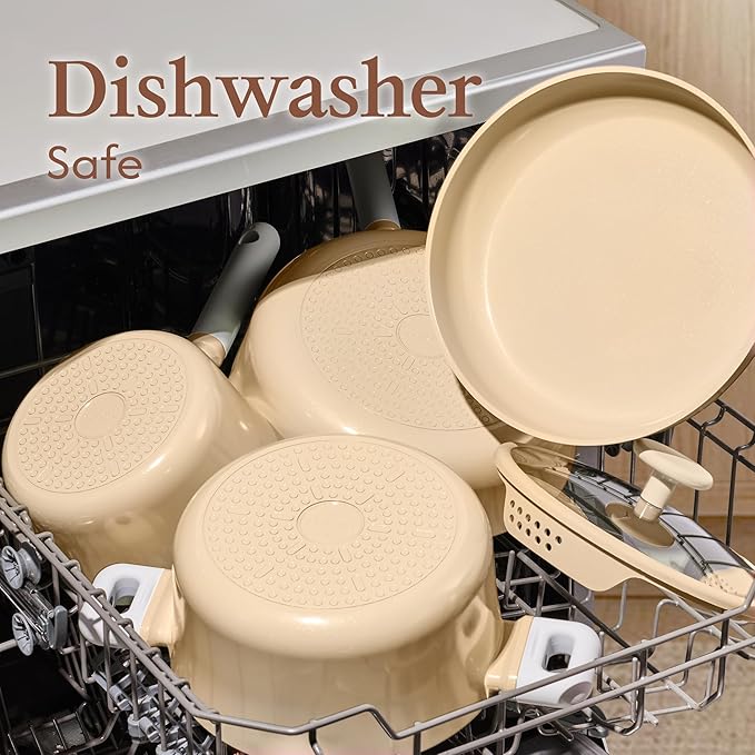 CAROTE Pots and Pans Set Nonstick, Ceramic Cookware Set, Yellow Cooking Set Kitchen Induction Set with Steamer, PFAS PTFE Free,9 Piece - Image 6