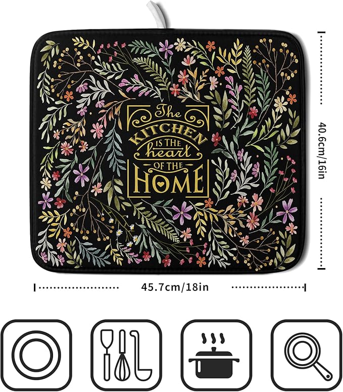 Absorbent Dish Drying Mat Colorful Flowers Microfiber Pad for Kitchen Counter Coffee Bar Decor 16" X 18" - Image 2