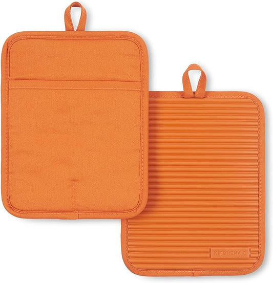 KitchenAid Ribbed Soft Silicone Pot Holder 2-Pack Set, Honey, 7"x9" by KitchenAid