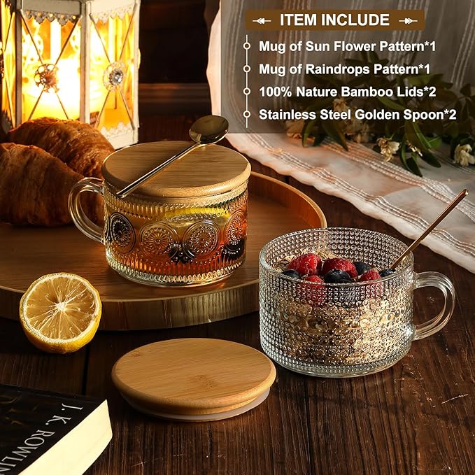 Vintage Coffee Mugs, Overnight Oats Containers with Bamboo Lids and Spoons - 14oz Clear Embossed Glass Cups, Cute Coffee Bar Accessories, Iced Coffee Glasses, Ideal for Cappuccino, Latte, 2 Pack - Image 2