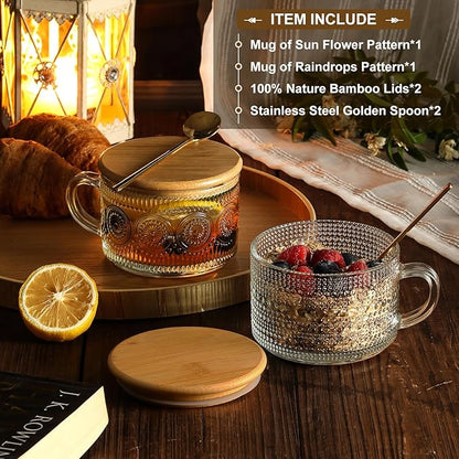 Vintage Coffee Mugs, Overnight Oats Containers with Bamboo Lids and Spoons - 14oz Clear Embossed Glass Cups, Cute Coffee Bar Accessories, Iced Coffee Glasses, Ideal for Cappuccino, Latte, 2 Pack - Image 2