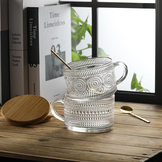 LANDNEOO 12pcs Set Irish Coffee Glasses, Vintage Coffee Mugs, Overnight Oats Containers with Bamboo Lids and Spoons - 14oz Clear Embossed Glass Cups, Cute Coffee Bar Accessories, Iced Coffee Glasses - Image 7