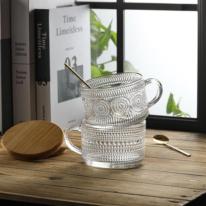 LANDNEOO 4pcs Set Vintage Coffee Mugs gifts for women, Overnight Oats Containers with Bamboo Lids and Spoons - 14oz Clear Embossed Glass Cups, Cute Coffee Bar Accessories, Iced Coffee Glasses - Image 7