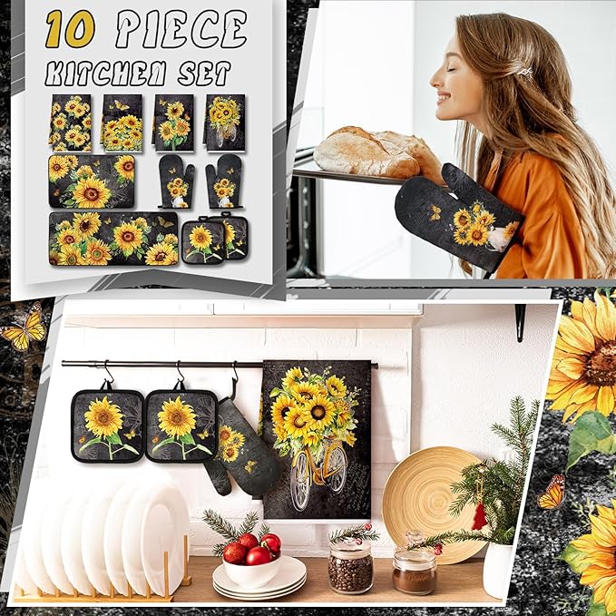 Fourluoo 10 Pcs Vintage Sunflower Kitchen Dish Towels Rugs Oven Mitts and Pot Holders Set Farmhouse Kitchen Decor Set for Women Mom Daughter Gift Cooking Baking Grilling(Vintage Gray)