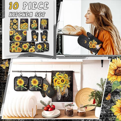 Fourluoo 10 Pcs Vintage Sunflower Kitchen Dish Towels Rugs Oven Mitts and Pot Holders Set Farmhouse Kitchen Decor Set for Women Mom Daughter Gift Cooking Baking Grilling(Vintage Gray)