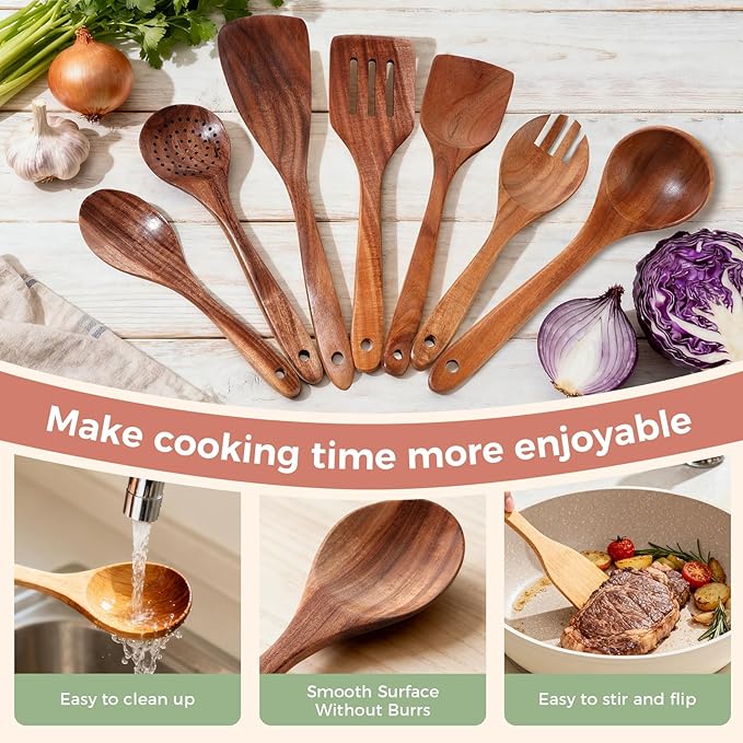 Wooden Spoons for Cooking - 7 Pieces Wooden Kitchen Utensils Set, Smooth Natural Teak Wood Utensil Set, Nonstick Heat-Resistant Cooking Utensils - Lightweight & Sturdy, Wooden Spatula for Cooking - Image 7