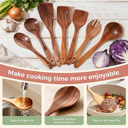 Wooden Spoons for Cooking - 7 Pieces Wooden Kitchen Utensils Set, Smooth Natural Teak Wood Utensil Set, Nonstick Heat-Resistant Cooking Utensils - Lightweight & Sturdy, Wooden Spatula for Cooking - Image 7