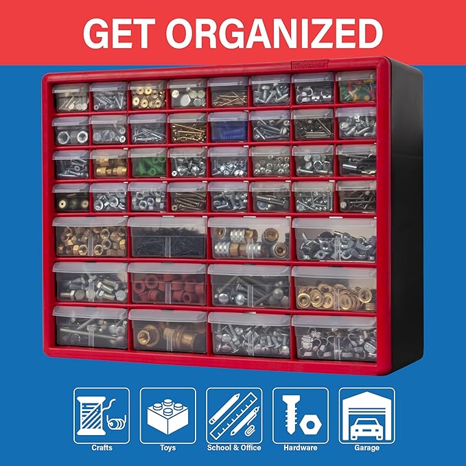 Akro-Mils 44-Drawer Plastic Drawer Storage Cabinet for Garage Organization, Bead Organizer, Building Bricks Storage, Teacher Toolbox, Makeup Organizer, 20" W x 6" D x 16" H, 10144 Red - Image 4