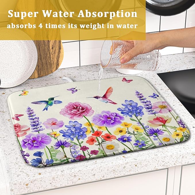 Giwawa Hummingbird Flower Dish Drying Mat 16x18 inch Watercolor Spring Herb Floral Dish Drainer Mats Wildflower Plant Reversible Microfiber Dish Drying Pad for Kitchen Countertop Small Decor
