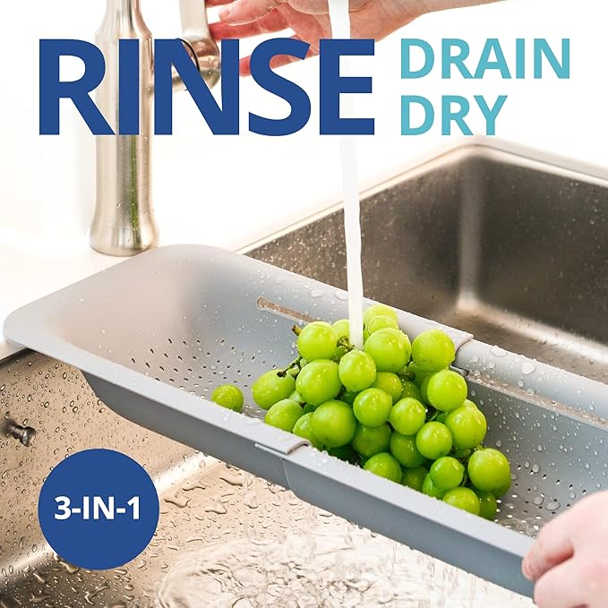 BLUE GINKGO Over the Sink Colander Strainer Basket - Wash Vegetables and Fruits, Drain Cooked Pasta and Dry Dishes - Extendable - New Home Kitchen Essentials (Grey, 1 Pack) - Image 3