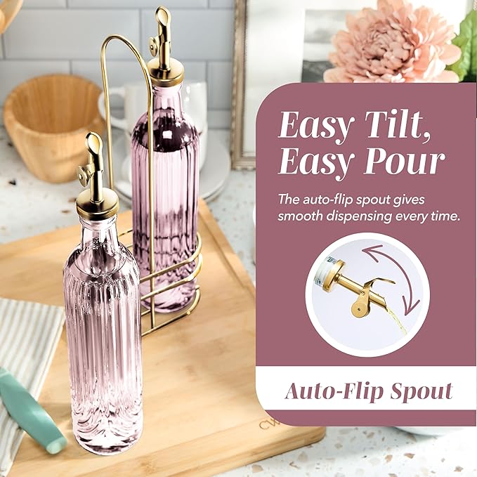 COOK WITH COLOR Glass Olive Oil Bottle Dispenser - 2 Pack- 17oz Oil and Vinegar Cruet - Olive Oil Carafe Decanter for Kitchen, Elegant Fluted, Pink - Image 3