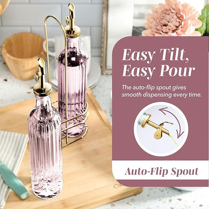 COOK WITH COLOR Glass Olive Oil Bottle Dispenser - 2 Pack- 17oz Oil and Vinegar Cruet - Olive Oil Carafe Decanter for Kitchen, Elegant Fluted, Pink - Image 3