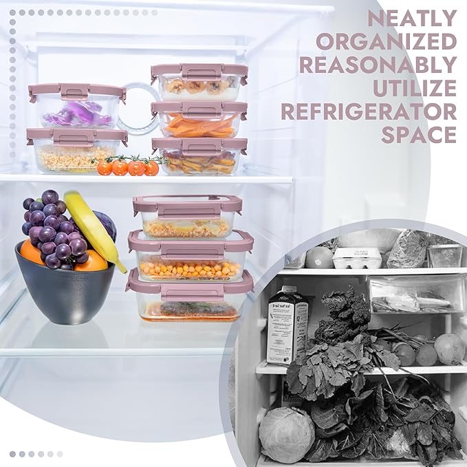 10-Pack Glass Food Storage Containers with Tempered Lids – Borosilicate, Airtight, Oven-Safe (-4°F~950°F), BPA-Free, 4.4 & 1.6 Cup, Leak-Proof, Dishwasher Safe (Pink) - Image 8