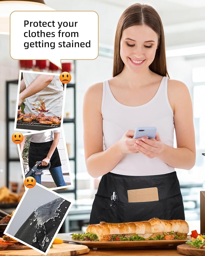 Argstar 2 Pack Server Apron with 4 Pockets, Waitress Waiter Waist WaterDrop Resistant Short Aprons