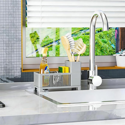Rustproof Kitchen Sink Organizer for Countertop,Multifunctional Sink Organizer Caddy & Organization,Scrub Brush and Sponge Holder,Plastic Sink Storage Rack,Sponge Drain Rack,Dish Soap Dispenser,Grey - Image 5