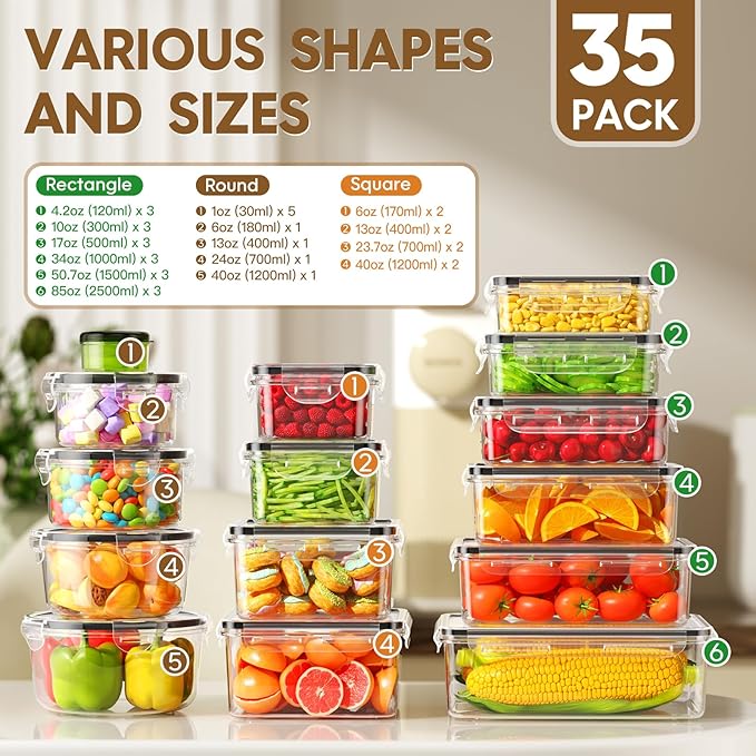 70 PCS Food Storage Containers with Lids Airtight (35 Containers & 35 Lids), 100% Leak Proof Meal Prep Container for Kitchen, BPA-Free Plastic(Polypropylene5), Microwave/Dishwasher Safe, Labels & Pen - Image 2