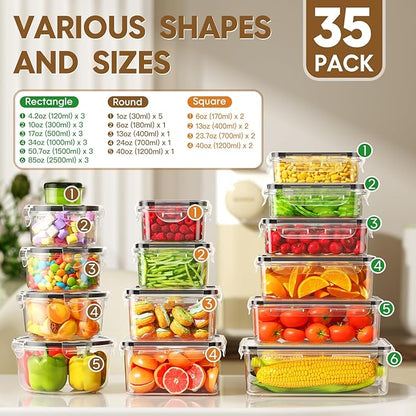 70 PCS Food Storage Containers with Lids Airtight (35 Containers & 35 Lids), 100% Leak Proof Meal Prep Container for Kitchen, BPA-Free Plastic(Polypropylene5), Microwave/Dishwasher Safe, Labels & Pen - Image 2