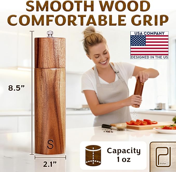 Premium Wooden Salt and Pepper Grinder Set - 28 g / 1 oz each, Acacia Solid Wood Mills - Refillable Coarse Grain Salt & Peppercorn Manual Twist Grinders - Modern or Rustic Home Table - by PJC-Kitchen - Image 4
