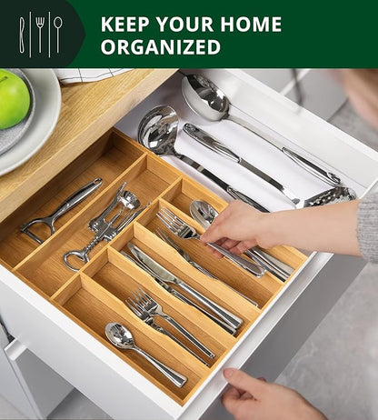 ROYAL CRAFT WOOD Luxury Bamboo Utensil Rack and Silverware Organizer, Kitchen Drawer Organizer - Utensil Holder and Cutlery Tray with Grooved Drawer Dividers for Flatware 7 Slot, Natural - Image 3