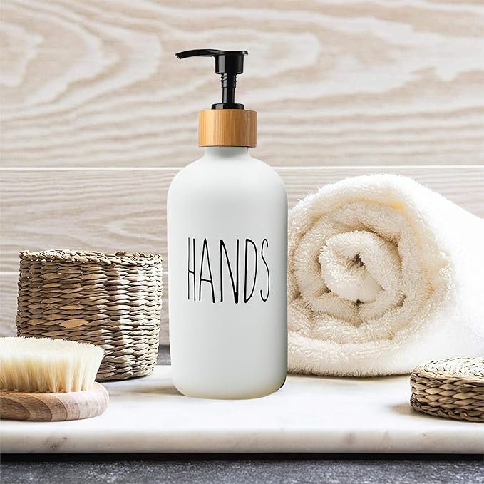 Sunrise Premium 16 OZ Thick White & Black Glass Soap Dispenser, Bamboo Pump with Tray 2 Pack, Hand and Dish Soap Dispenser Set for Bathroom with 6 Waterproof Labels - Image 6