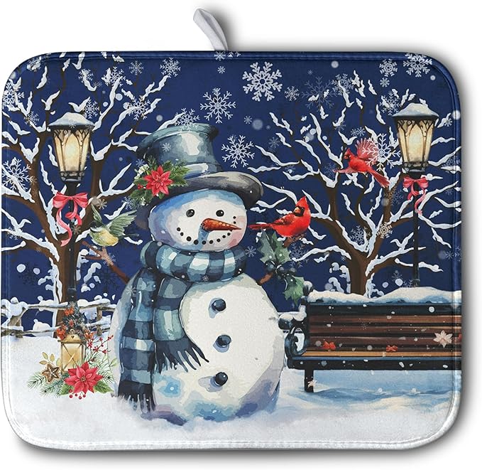 Winter Snowman Dish Drying Mat for Kitchen Counter 16x18, Xmas Snowflakes Dish Drainer Mat Snowy Night Drying Kitchen Mats Cardinal Birld Dish Pad Absorbent Reversible Coffee Mats for Dishes by Kwlegh