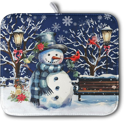 Winter Snowman Dish Drying Mat for Kitchen Counter 16x18, Xmas Snowflakes Dish Drainer Mat Snowy Night Drying Kitchen Mats Cardinal Birld Dish Pad Absorbent Reversible Coffee Mats for Dishes by Kwlegh