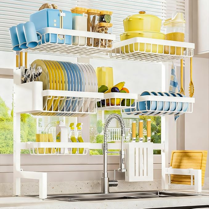 Sakugi Dish Drying Rack - Over The Sink Dish Drainer Drying Rack with Utensil & Knife Holder, Hooks, Stainless Steel Kitchen Organizers and Storage Solution, 11.8" D x 31.5"~39.0''W x 30" H, White by Sakugi