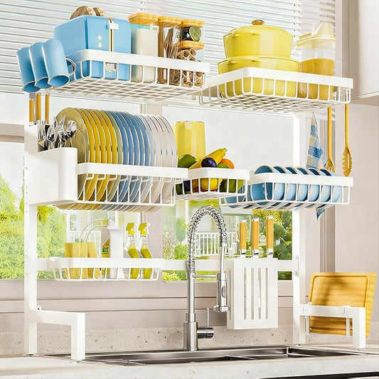 Sakugi Dish Drying Rack - Over The Sink Dish Drainer Drying Rack with Utensil & Knife Holder, Hooks, Stainless Steel Kitchen Organizers and Storage Solution, 11.8" D x 31.5"~39.0''W x 30" H, White by Sakugi