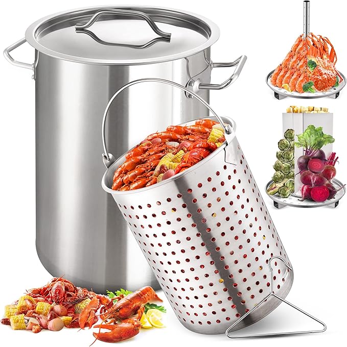 ARC 32QT Stainless Steel Stock pot 6-Piece For Seafood Boil Pot with Basket and Steamer Rack,Cookware for Crawfish Crab Shrimp Lobster Boiling Pot, Turkey Fryer Pot, Tamale Steamer Pot with Strainer by ARCUSA