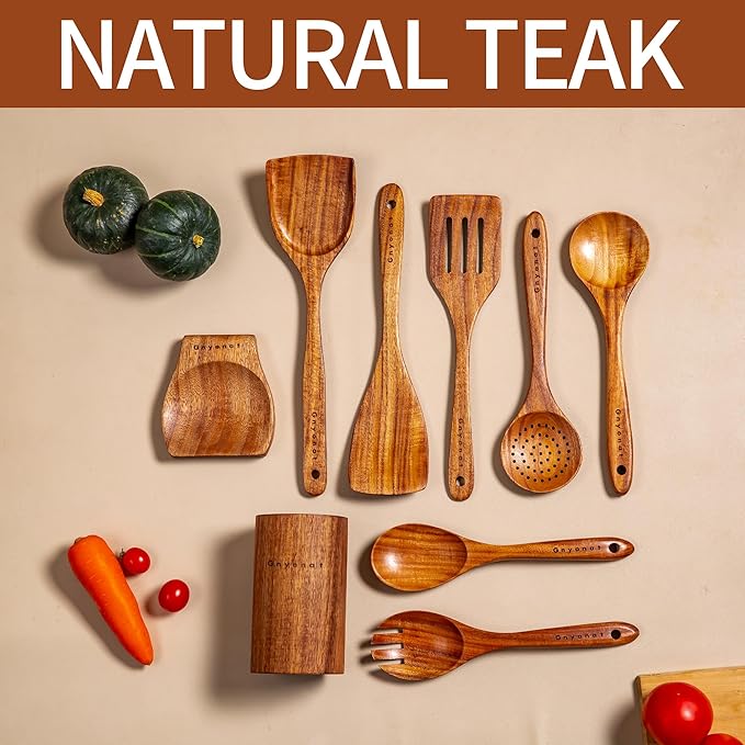 Wooden Spoons for Cooking,9 Pcs Teak Kitchen Utensil Set Wooden Cooking Utensils Wooden Spatula for Cooking - Image 4