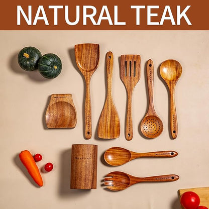 Wooden Spoons for Cooking,9 Pcs Teak Kitchen Utensil Set Wooden Cooking Utensils Wooden Spatula for Cooking - Image 4