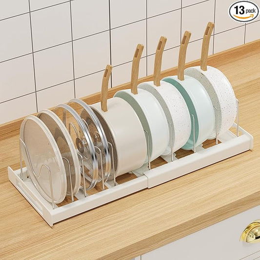 Nigelia Pots and Pans Organizer for Under Cabinet 22" Expandable Food Storage Container Lid Organizers with 10 Adjustable Dividers Pot and Pan Lid Holders Rack Inside Cabinet&Kitchen Countertop(White)