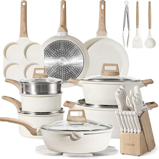 CAROTE ICE 35pcs Pots and Pans Set, Nonstick Cookware Sets, White Granite Induction Cookware with Kitchen Knife Set by CAROTE
