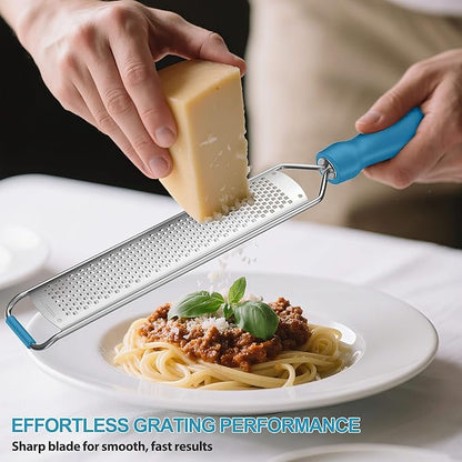 Zester Grater, Lemon Zester Grater with Handle, Premium Stainless Steel Citrus Zester for Parmesan, Garlic, Chocolate, Ginger, Non-Slip Grip, Safety Cover & Cleaning Brush, Blue