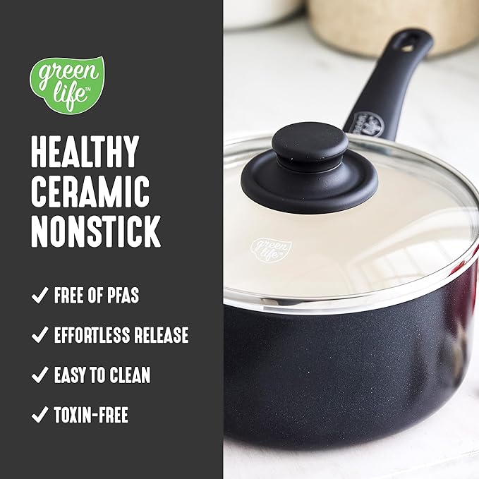 GreenLife 2.5QT Nonstick Saucepan with Glass Lid, Soft Grip, PFAS-Free Ceramic, Multipurpose Chef Pan, Milk & Sauce Cooking Pot, Dishwasher & Oven Safe to 350˚F, Stay-Cool Handle, Black - Image 2