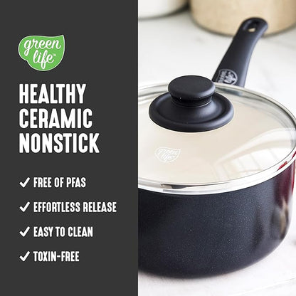 GreenLife 2.5QT Nonstick Saucepan with Glass Lid, Soft Grip, PFAS-Free Ceramic, Multipurpose Chef Pan, Milk & Sauce Cooking Pot, Dishwasher & Oven Safe to 350˚F, Stay-Cool Handle, Black - Image 2
