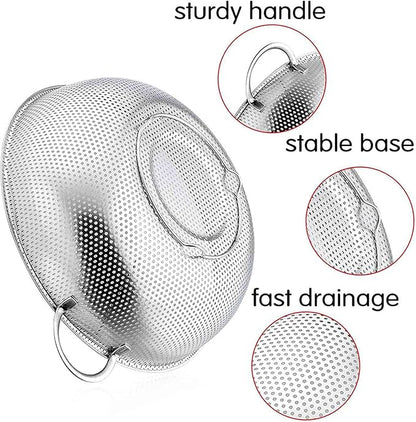 TeamFar Stainless Steel Colander, 5QT Micro-Perforated Metal Colander Food Strainer with Handles, for Draining Washing Rinsing Steaming, Non Toxic & Dishwasher Safe, Solid Construction & 3 Stable Feet