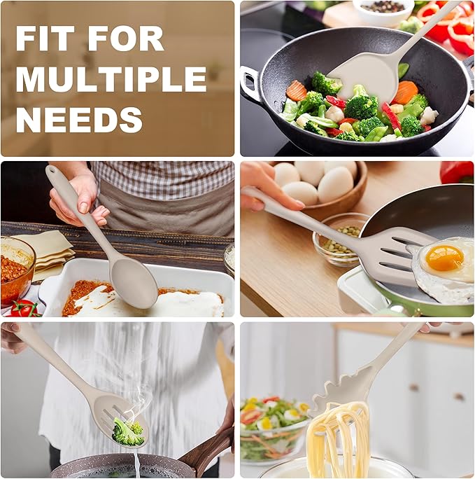 TeamFar Silicone Cooking Utensils Set, 5-Piece Heat Resistant Kitchen Utensils Set, Nonstick Slotted Solid Spoon Turner Pasta Server for Frying, Serving, Mixing, Non-Toxic & Dishwasher Safe, Khaki - Image 6