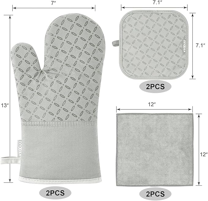 KEGOUU Oven Mitts and Pot Holders 6pcs Set, Kitchen Oven Glove High Heat Resistant 500 Degree Extra Long Oven Mitts and Potholder with Non-Slip Silicone Surface for Cooking （Greenish Gary） - Image 2