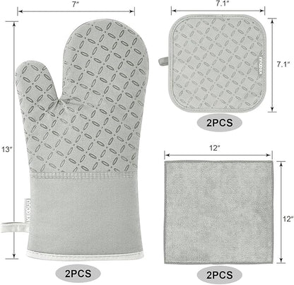 KEGOUU Oven Mitts and Pot Holders 6pcs Set, Kitchen Oven Glove High Heat Resistant 500 Degree Extra Long Oven Mitts and Potholder with Non-Slip Silicone Surface for Cooking （Greenish Gary） - Image 2