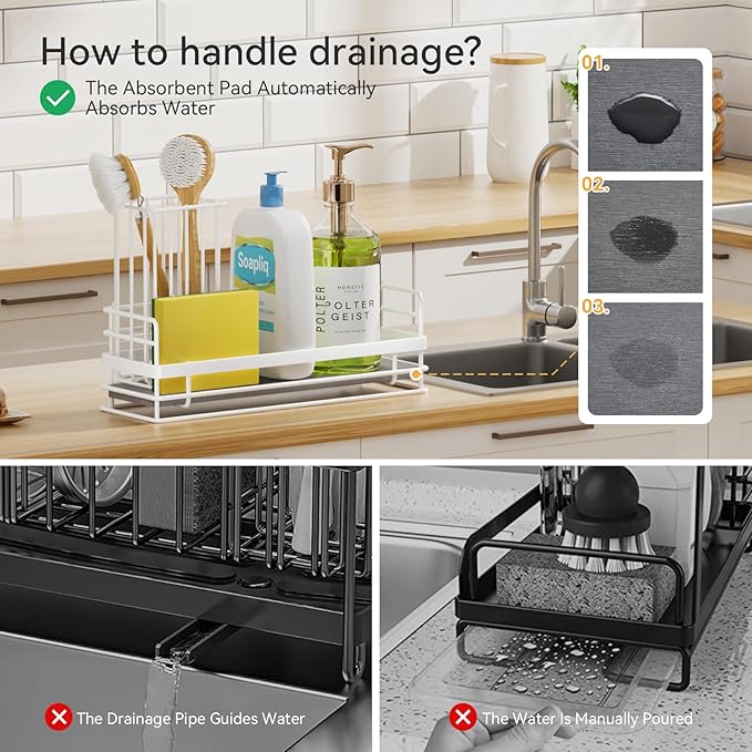 Yofidra Sink Caddy with Stone Drying Tray: Stainless Steel Soap Dispenser Kitchen Sink Organizer Set, Sponge Holder Counter Accessories Decor for Kitchen Organizers and Storage 8.1x3.5x4.5 in White - Image 2