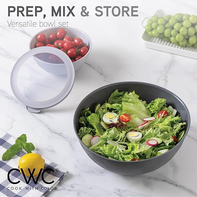 COOK WITH COLOR Mixing Bowls with Lids - 12 Piece Plastic Nesting Bowls Set includes 6 Prep Bowls and 6 Lids, Microwave Safe Mixing Bowl Set, Grey Rhombus - Image 3